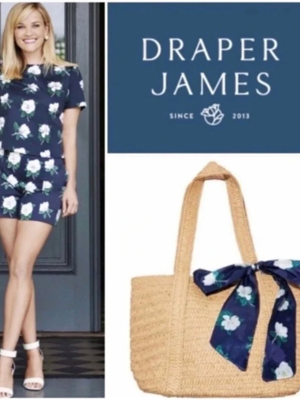 Draper James Straw Tote Bag Navy Floral Scarf Magnolia Woven Shoulder Bag NWT‎